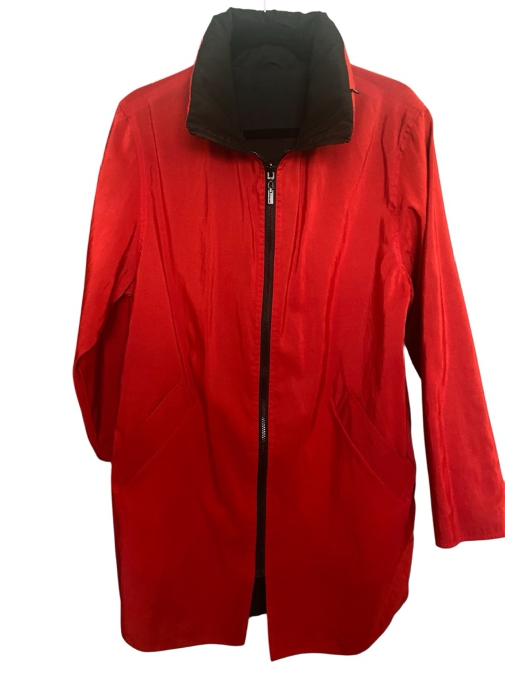 Mycra Pac Red and Black Reversible Trench Coat with Hidden Hood